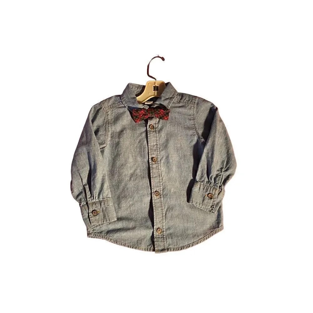 Old Navy boys chambray denim, longsleeve shirt with plaid bowtie size 2T ￼